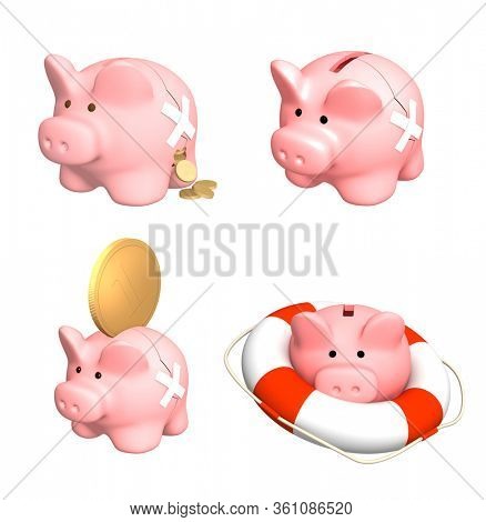 Concept - financial losses. Money pouring out of a piggy bank, two parts of a coinbox fastened by a plaster, piggy bank and lifebuoy. Isolated on white background. 3d render