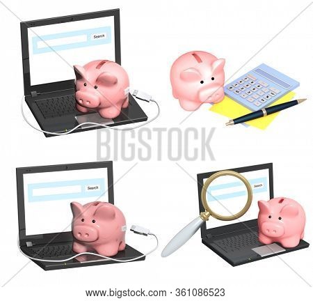 Electronic bank account. Piggy bank and laptop. Money transfer to e-wallet, financial savings and online payment, safe and easy e-payments. Objects isolated on white background. 3d render