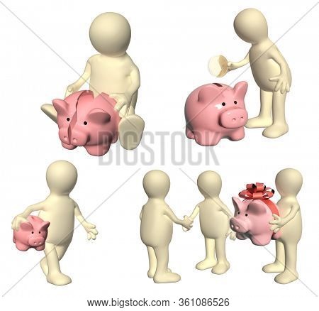 Set of 3d mans with piggy bank. Three puppets with gift, one person with broken piggy bank, man puts a coin in a coinbox. Isolated on white background. 3d render
