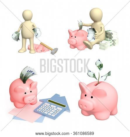 Saving money concept. 3d puppet, broken a hammer a piggy bank, man who is saving money in piggy bank, coinbox with euro banknotes. Isolated on white background. 3d render