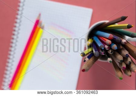 School Supplies. Bright Back To School Background. Notepad And Colorful Pencils. Distance Education,