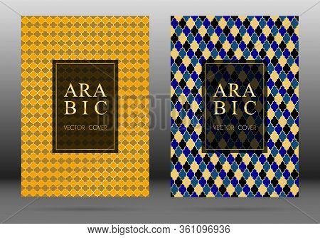 Ottoman Pattern Vector Cover Page Layout Design Collection In Arabic Style Mosaic In Gold Grid. Isla
