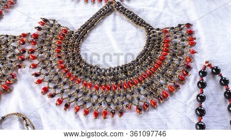 Lago Agrio, Sucumbios / Ecuador - February 20 2020: Necklaces Made From Seeds By Women From The Cofa