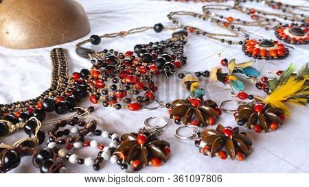 Lago Agrio, Sucumbios / Ecuador - February 20 2020: Necklaces And Bracelets Made From Seeds By Women