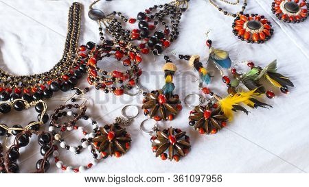 Lago Agrio, Sucumbios / Ecuador - February 20 2020: Necklaces And Bracelets Made From Seeds By Women