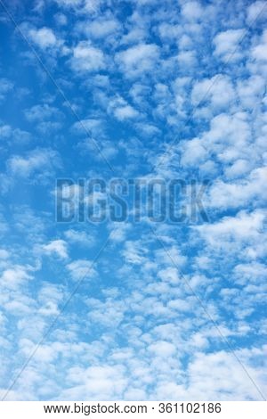Blue sky with texture of many small white fleecy clouds - vertical natural background                               