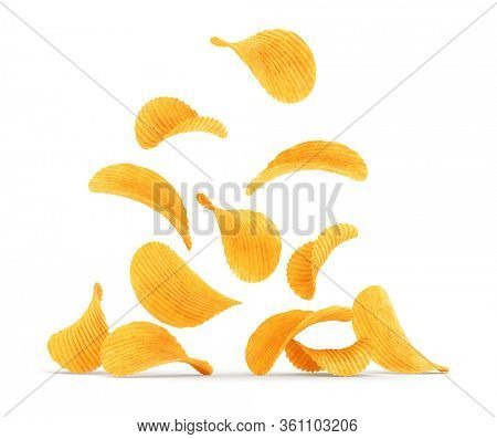 Grooved potato chips falling down. Rippled wavy snack food refreshment. Isolated on white background. 3d rendered illustration.