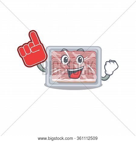 Frozen Smoked Bacon Presented In Cartoon Character Design With Foam Finger