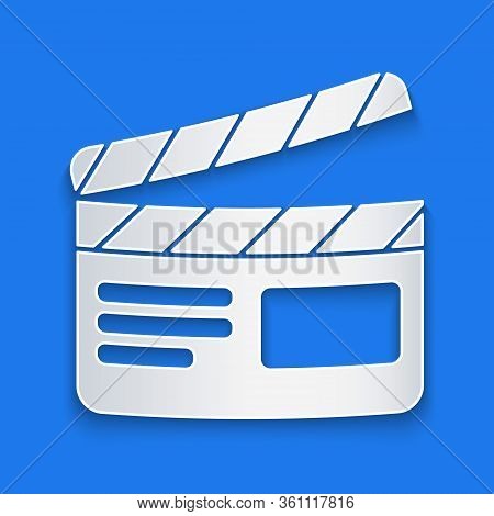 Paper Cut Movie Clapper Icon Isolated On Blue Background. Film Clapper Board. Clapperboard Sign. Cin