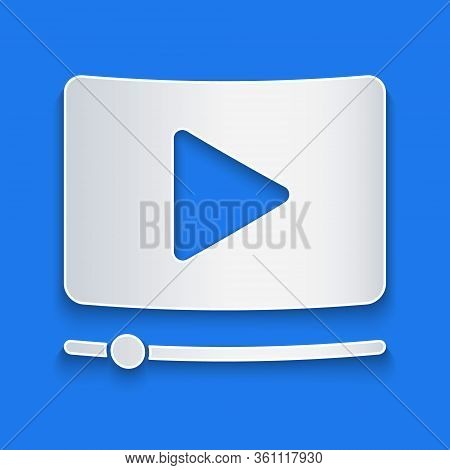 Paper Cut Online Play Video Icon Isolated On Blue Background. Film Strip With Play Sign. Paper Art S