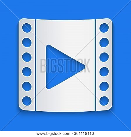Paper Cut Play Video Icon Isolated On Blue Background. Film Strip Sign. Paper Art Style. Vector Illu