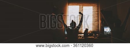 Married Couple Work On Computer In House. Family Husband And Wife Working Online Out Of Home. Quaran