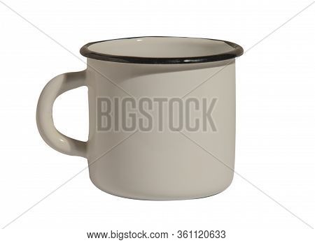 Aluminum White Mug On Isolated On White Background. Soviet Tableware.
