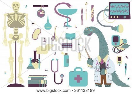 A Set Of Clipart On The Topic Of Medicene And Science. Doctor Dinosaur And Attributes For Medicene. 