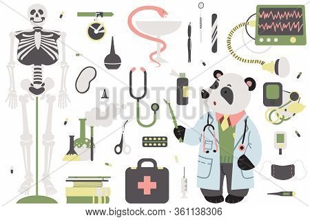 A Set Of Clipart On The Topic Of Medicene And Science. Doctor Panda And Attributes For Medicene. Vec