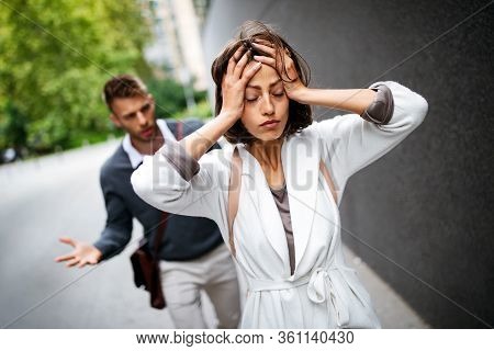 Breakup Of Couple With Man And Sad Girlfriend Outdoor. Divorce, Couple, Love, Pain Concept.