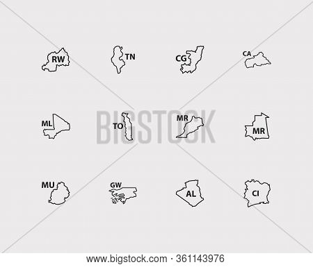 Country Icons Set. Algeria And Country Icons With Ivory Coast, Tunisia And Mauritius. Set Of Boundar