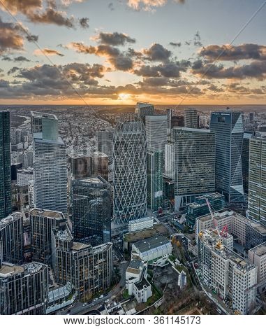 Paris, France - December 09, 2019: Aerial Drone Shot Of La Defense Skycraper Cbd Coomplex With Park 