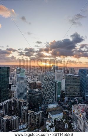 Paris, France - December 09, 2019: Aerial Drone Shot Of La Defense Skycraper Cbd Coomplex With Park 