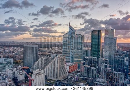 Paris, France - December 09, 2019: Aerial Drone Shot Of La Defense Skycraper Cbd Coomplex With Park 