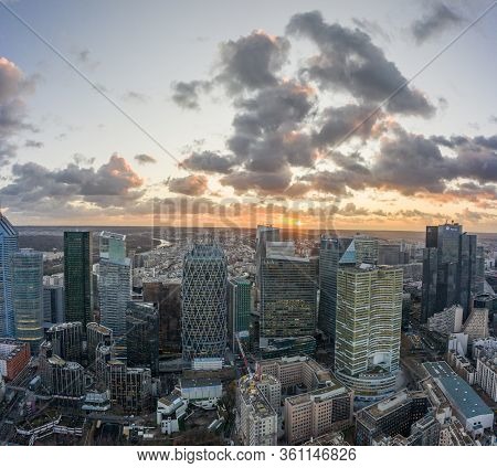 Paris, France - December 09, 2019: Aerial Drone Shot Of La Defense Skycraper Cbd Coomplex Tour Areva