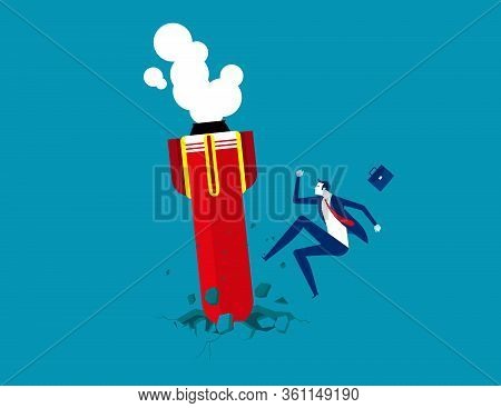 Startup Rocket Crash On The Floor. Concept Business Start-up Vector Illustration, Projection And Ban