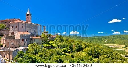 Idyllic Istrian Stone Village Of Plomin On Green Hill Panoramic View, Istria Region Of Croatia
