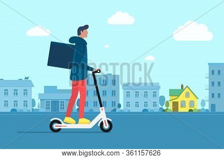 Delivery Young Male Courier Riding Electric Scooter With Package Product Box. Fast Shipping Service 