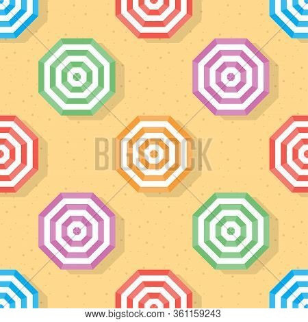 Top Veiw Of Umbrella Seamless Pattern Background. Colorful Umbrella On Sand Beach. Hexagon Repeat Ba
