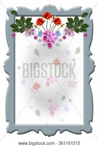 Bluish Vintage Curly Frame With A Garland Of Lily Flowers, Poppies, Periwinkle, Phlox With Leaves An