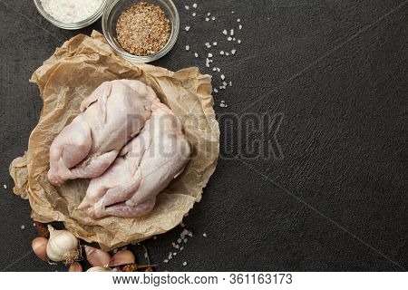 Raw Partridge Meat On Kitchen, Cooking Gourmet Wild Bird. Healthy Diet Recipe.