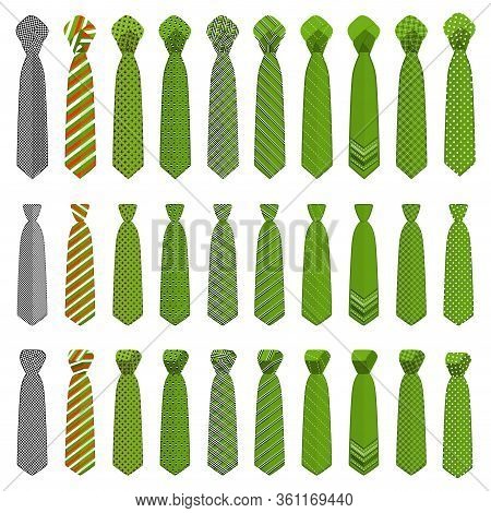 Illustration On Theme Big Set Ties Different Types, Neckties Various Size. Tie Pattern Consisting Of