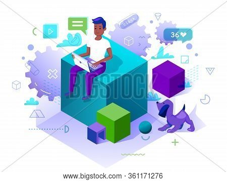 African Man Sits On The Gigantic Cube And Working With Pleasure. Colored Illustration With Set Of So