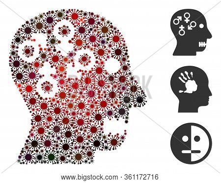 Collage Psychosexual Disorder Composed Of Sars Virus Icons In Different Sizes, Red Colors. Vector Pa