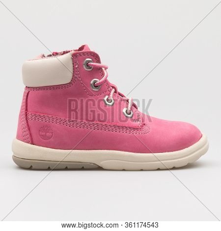 Vienna, Austria - August 22, 2017: Timberland New Toddle Tracks Fuchsia Rose Sneaker On White Backgr
