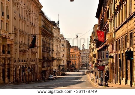 April 8th 2020, Rome, Italy: View Of The Tritone Street Without Tourists And Traffic Due To The Lock