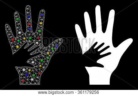 Bright Mesh Help Hand With Glare Effect. Abstract Illuminated Model Of Help Hand Icon. White Wire Fr