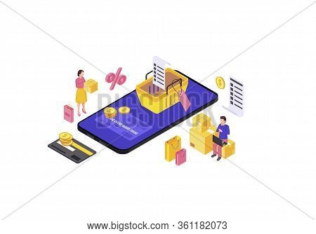 Online Mobile Shopping App Isometric Color Vector Illustration. Sales, Discounts, Special Offers Inf