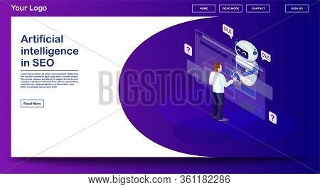 Chatbot Webpage Vector Template With Isometric Illustration. Website Interface Design. Customer Serv