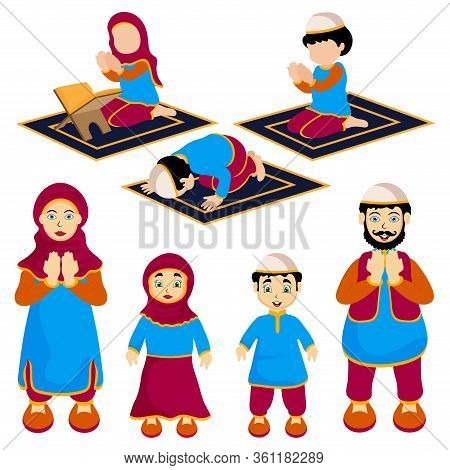 Set Of Ramadan Kareem Or Eid Characters , Reading Namaj , Pray To Allah. Islamic Characters Illustra