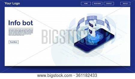 Chatbot Webpage Vector Template With Isometric Illustration. Website Interface Design. Info Bot Rece