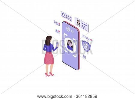 Faceprint Analysis Application Isometric Color Vector Illustration. Biometric Identification. Face I