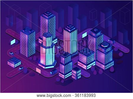 Smart Buildings Isometric Illustration. Architecture Concept. Intelligent Buildings. Smart City. Mod