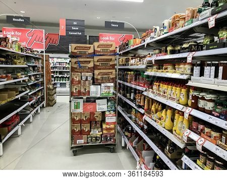 Sydney, Australia 2020-04-03 Restocking Of Shelfs At Coles Miranda Supermarket. Groceries Starting T