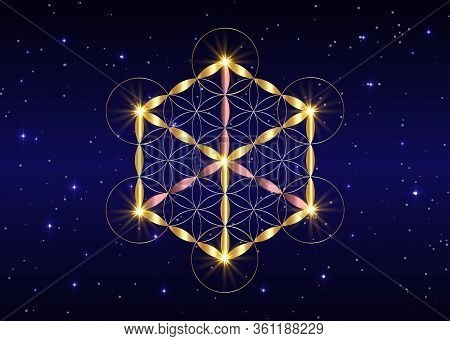 Sacred Geometry, Flower Of Life And Metatrons Cube. Gold Symbol Of Alchemy, Religion And Spiritualit