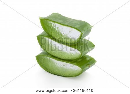 Isolated Fresh Aloe Vera Leaves Sliced On White Background. Aloe Vera Gel Have Medical Properties Fo