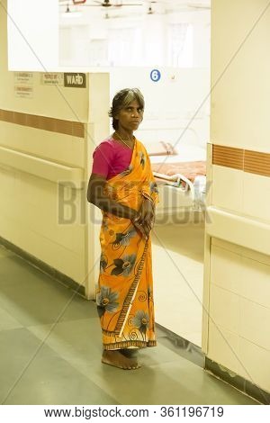 Puducherry, India - March Circa, 2020. One Indian Woman Waiting In The Corridor Of Hospital Without 