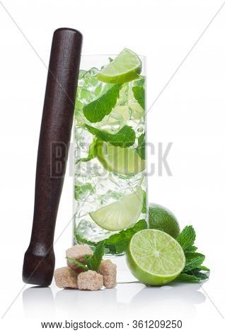 Highball Glass Of Mojito Summer Alcoholic Cocktail With Ice Cubes Mint And Lime On White Background 