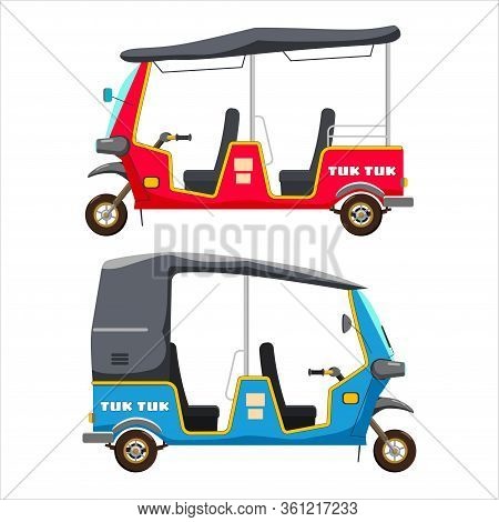 Set Tuk Tuk Asian Auto Rickshaw Three Wheeler Tricycles Red And Blue. Thailand, Indian Countries Bab