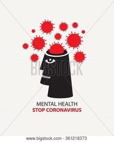 Vector Banner With A Coronavirus Virion Instead Of A Brain In The Human Head, And Viral Cells Around